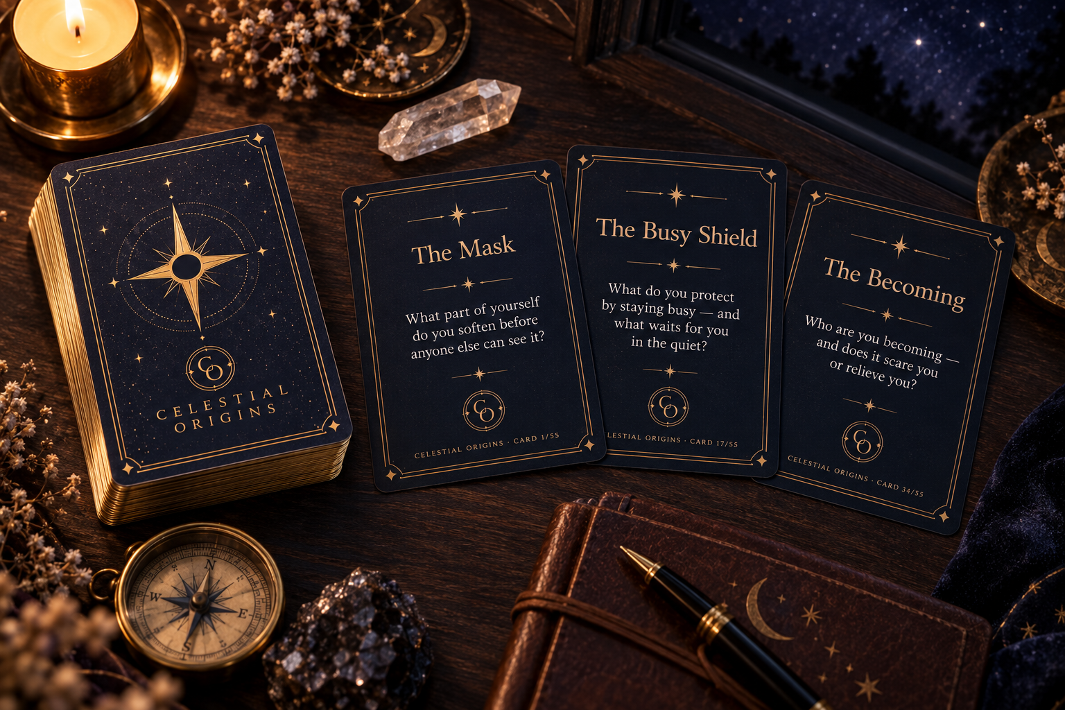 Celestial Origins cards arranged with a candle, compass, crystal, journal, and star-filled night sky