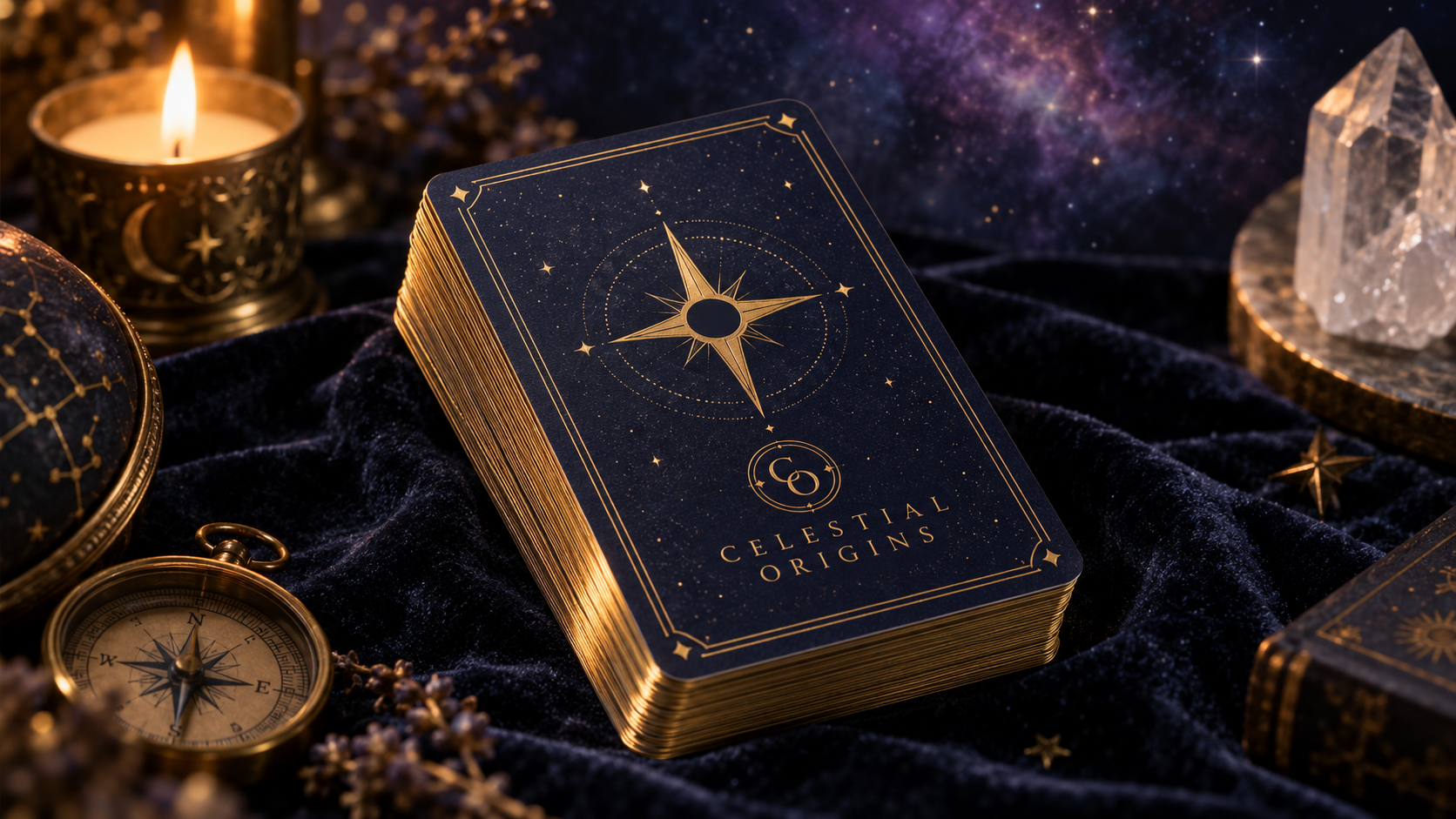 Celestial Origins card deck resting beneath a star-filled night sky